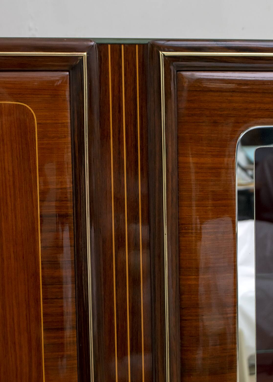 Attributed Gio Ponti Mid-Century Italian Mahogany and Brass Bar Cabinet, 50