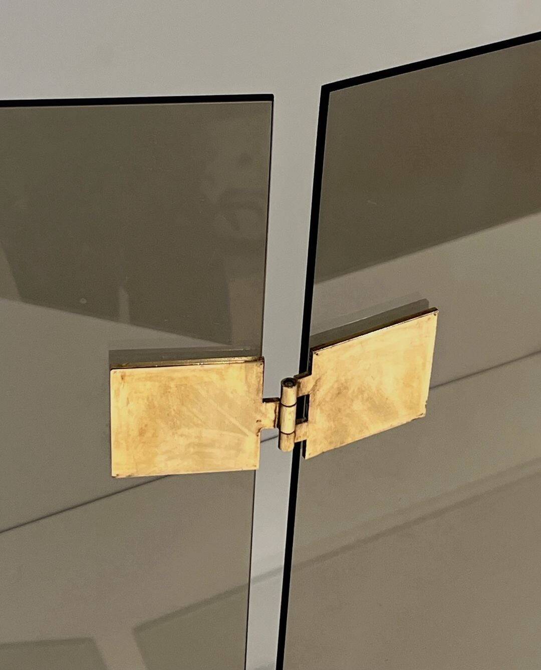 Three-Panel Folding Fire Screen in Smoked Glass with Polished Brass Hinges,
