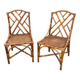 paire de chaises de jardin en bambou et rotin tissé 1950