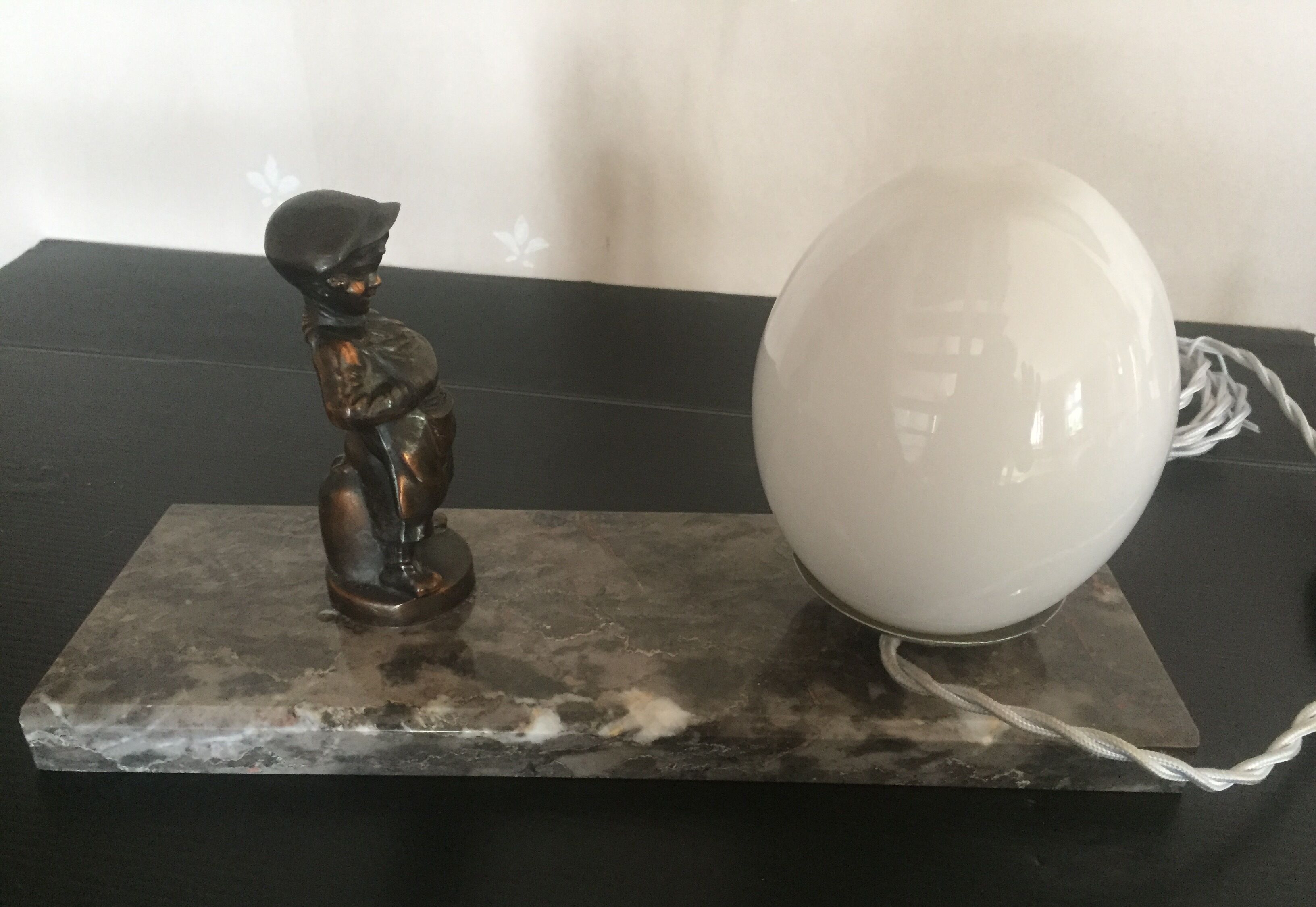 Art Deco bedside lamp night light with marble base and child at work statuette