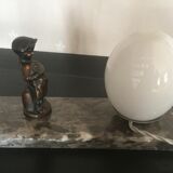 Art Deco bedside lamp night light with marble base and child at work statuette