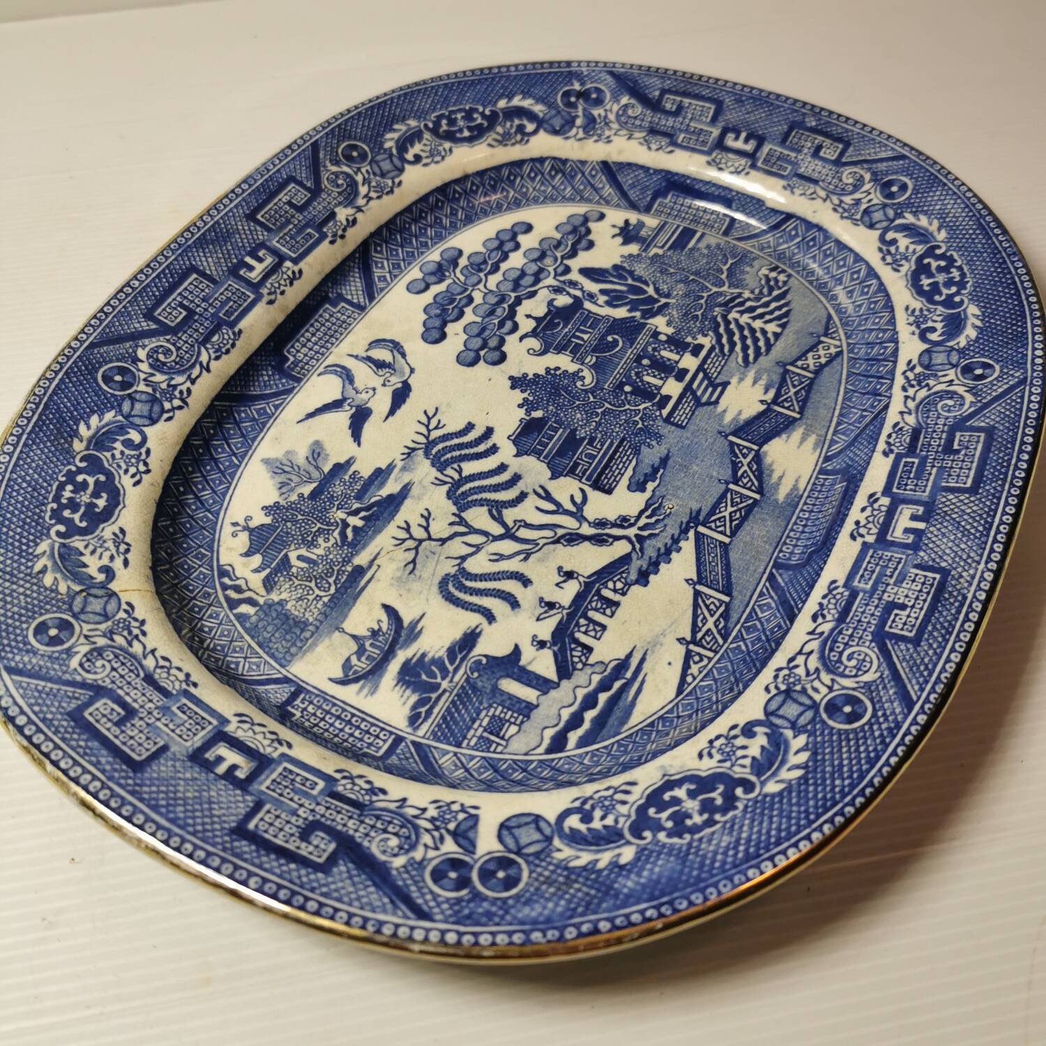 3 Crown Pottery JT Hudden Longton serving dishes guaranteed, willow pattern, willow pattern 19th century