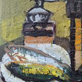 1959 Peinture à l’huile vintage suédoise moderne  « Nature morte avec lampe », encadrée