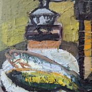 1959 Mid-Century Modern Swedish "Still Life With Lamp" Vintage Oil Painting, Framed