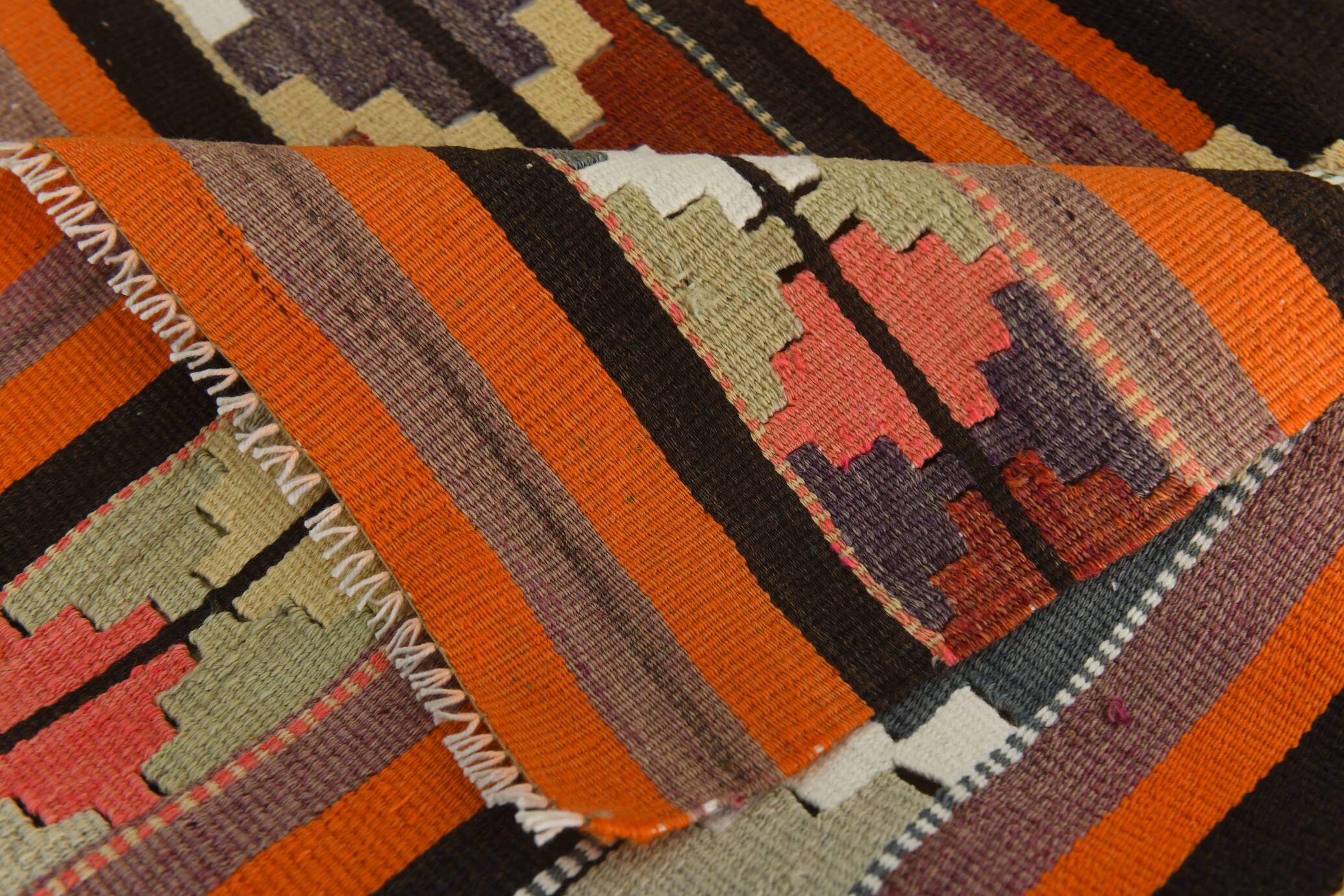 Pink & Brown Turkish Vintage Kilim Runner Rug, 77x387Cm