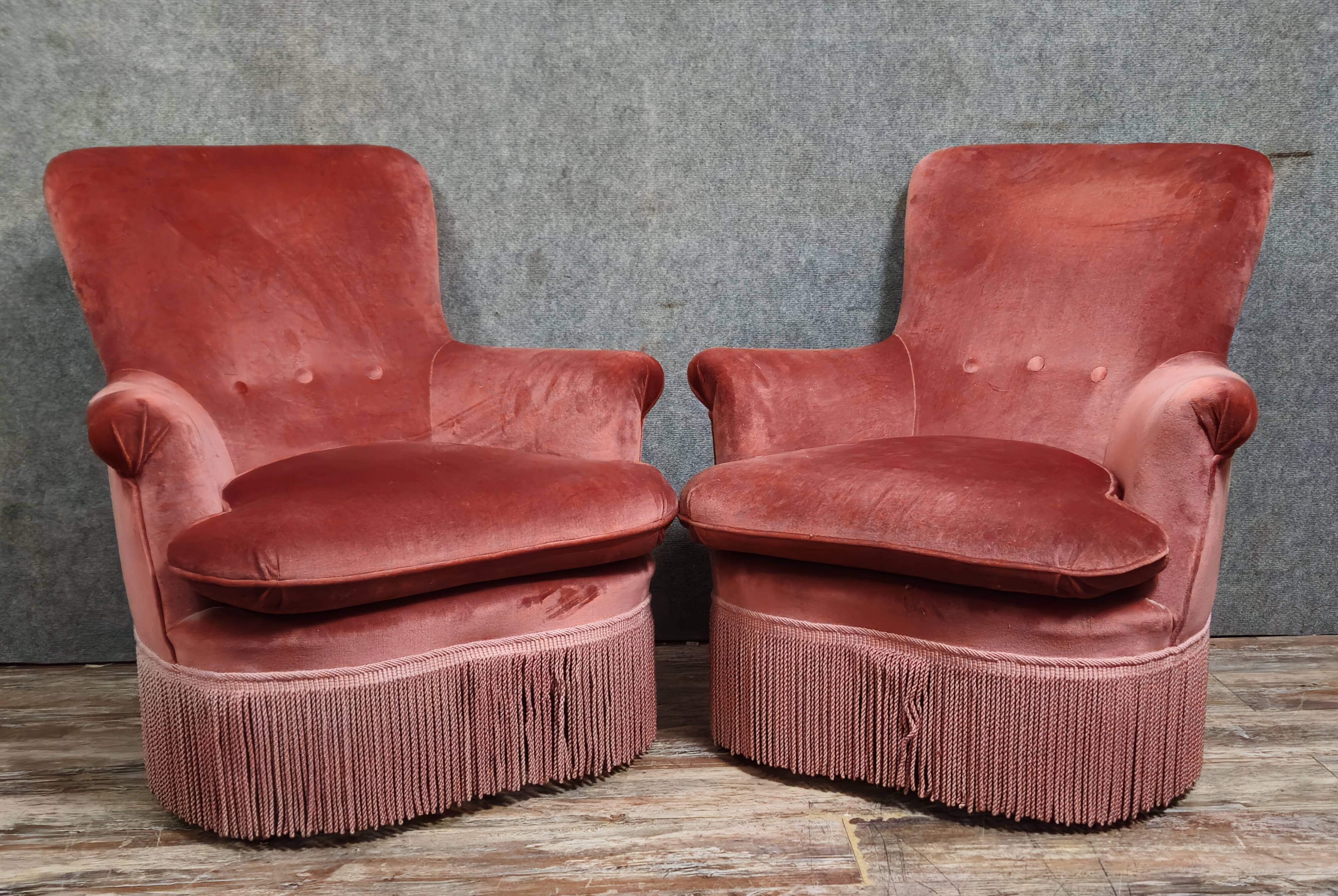 Pair of pink velvet frog armchairs – Napoleon III period