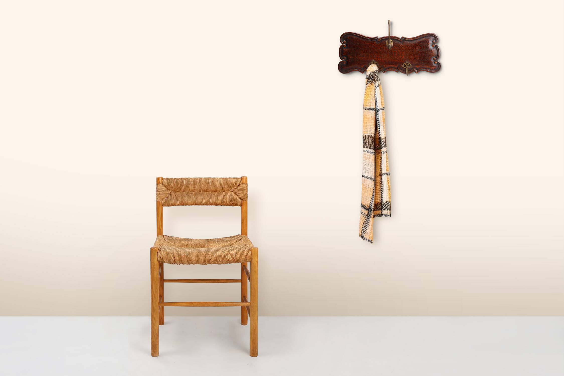 Art Nouveau style coat rack in oak with brass hooks, France ca. 1915