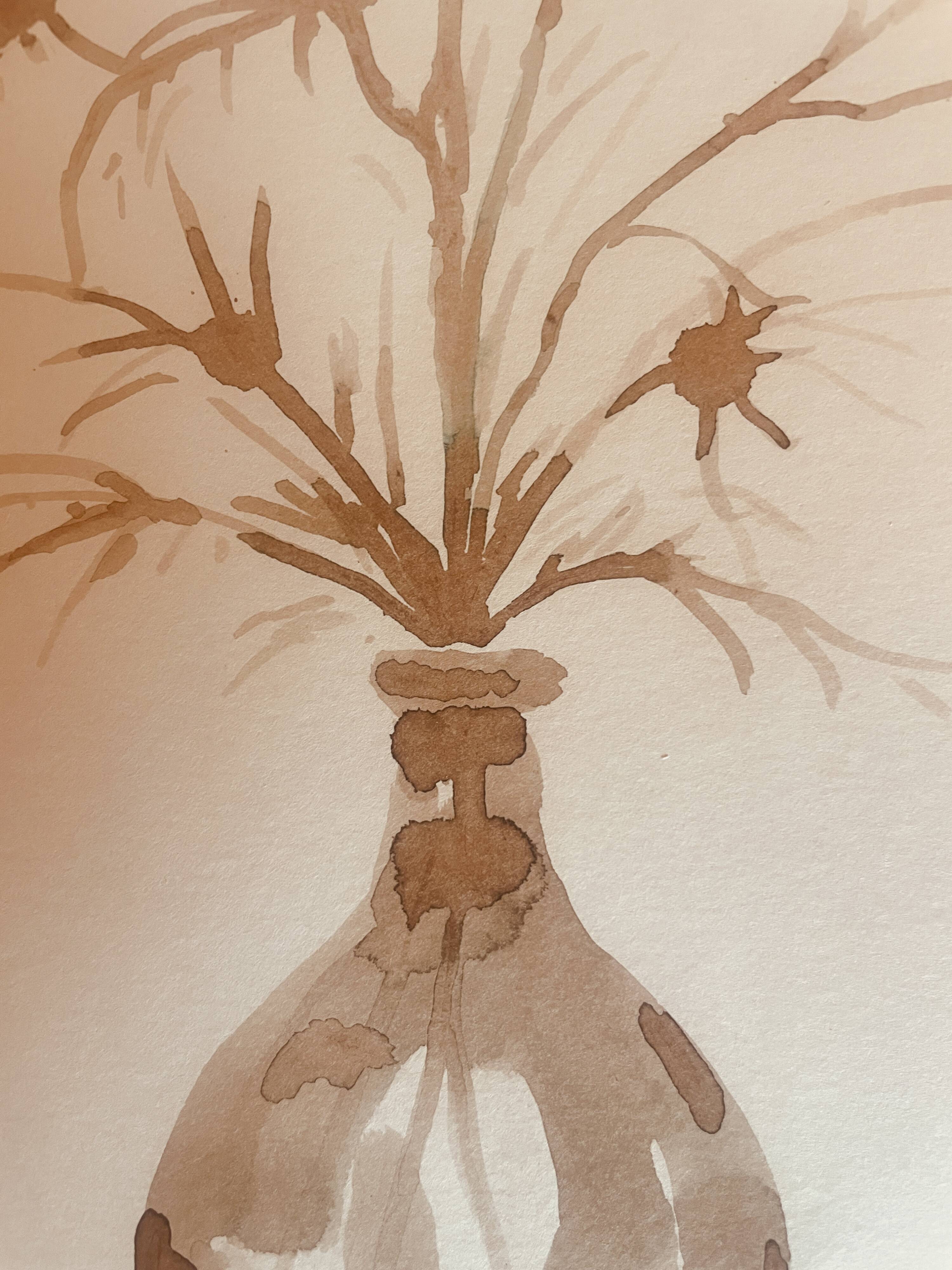 Signed still life monochrome sepia painting "dried flowers"
