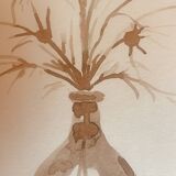 Signed still life monochrome sepia painting "dried flowers"