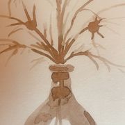 Tableau, nature morte monochrome sépia « fleurs séchées », signé