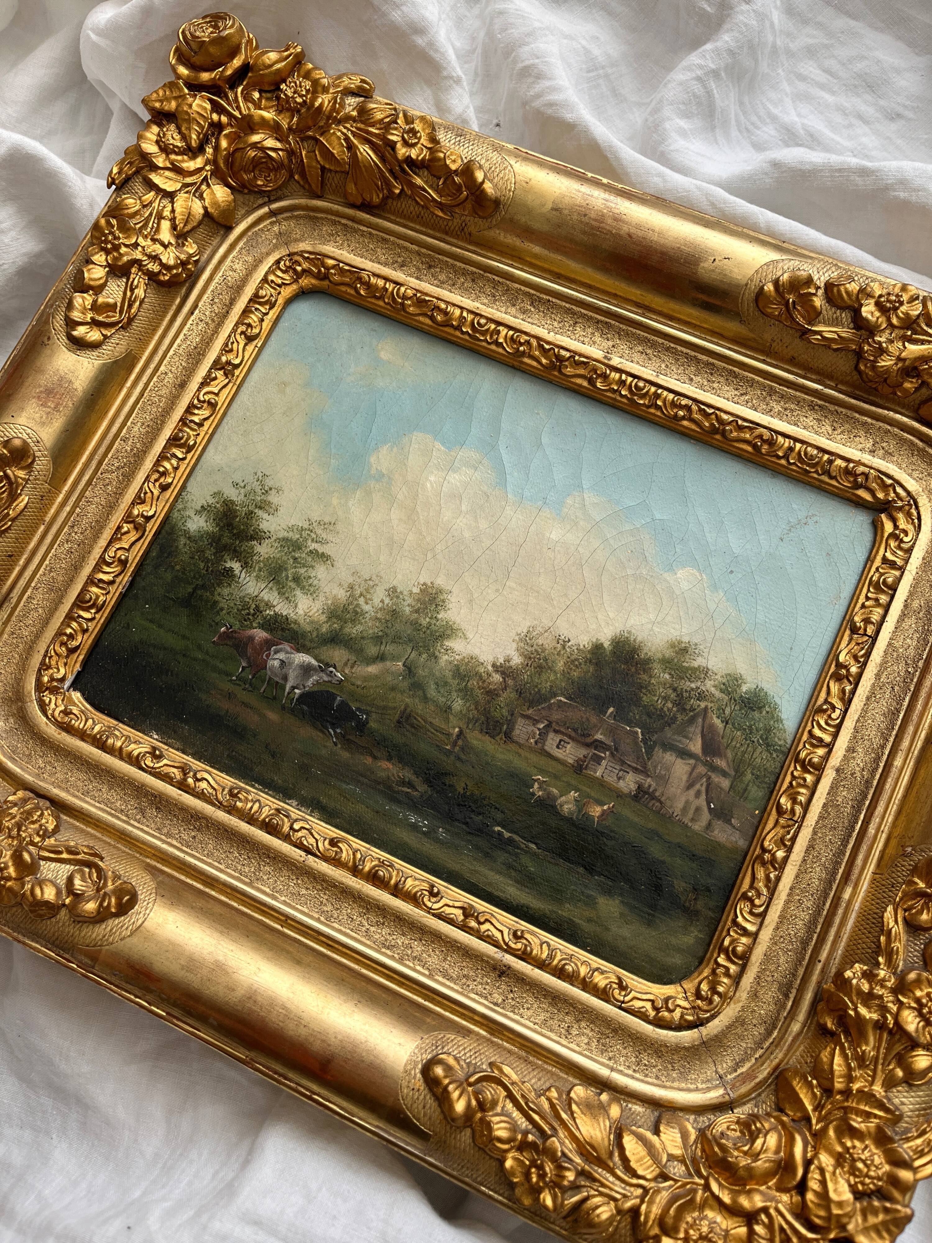 Old oil painting on canvas countryside landscape 19th