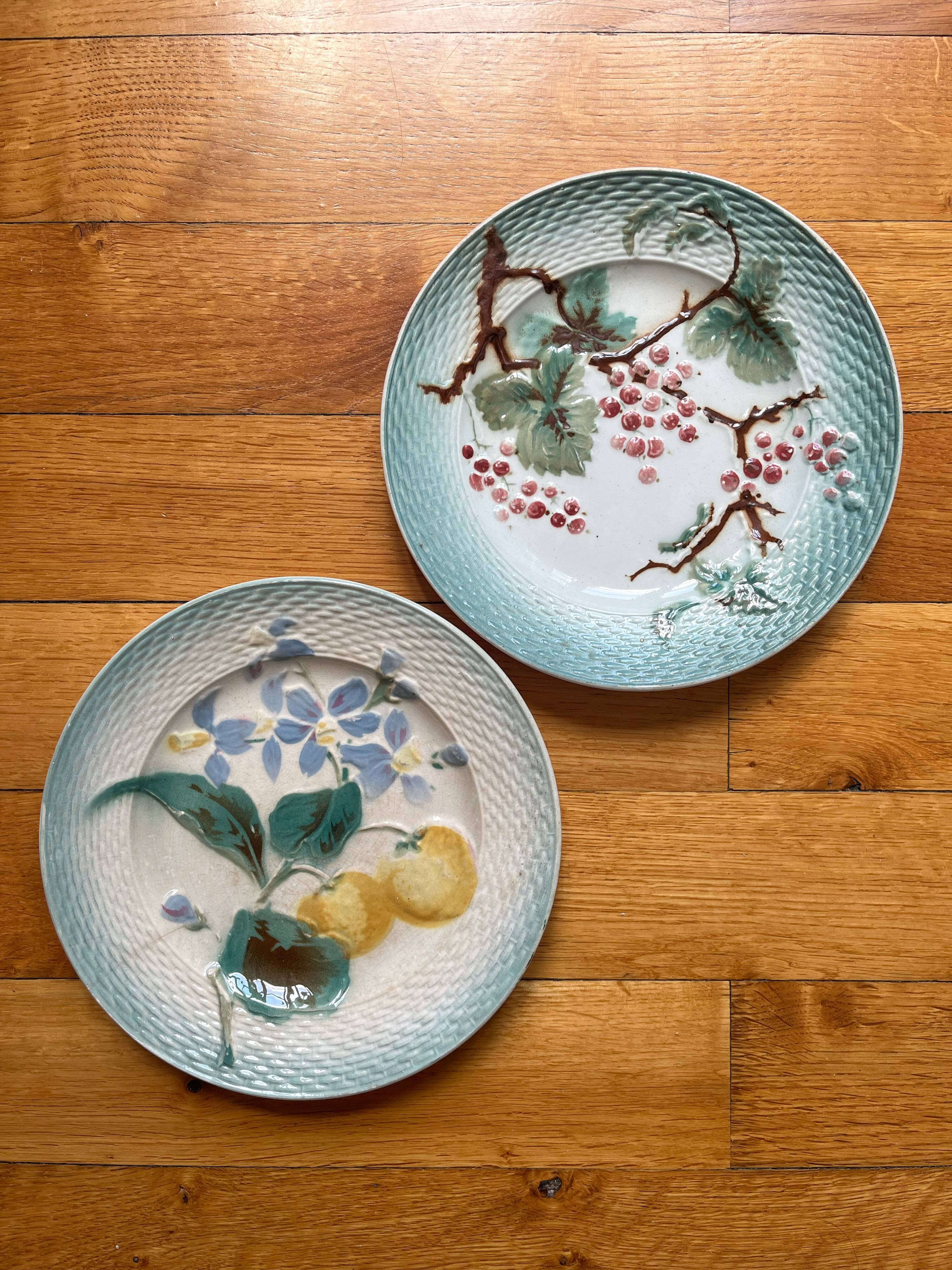 2 antique dessert plates in fruit slip Saint Amand and Hamage