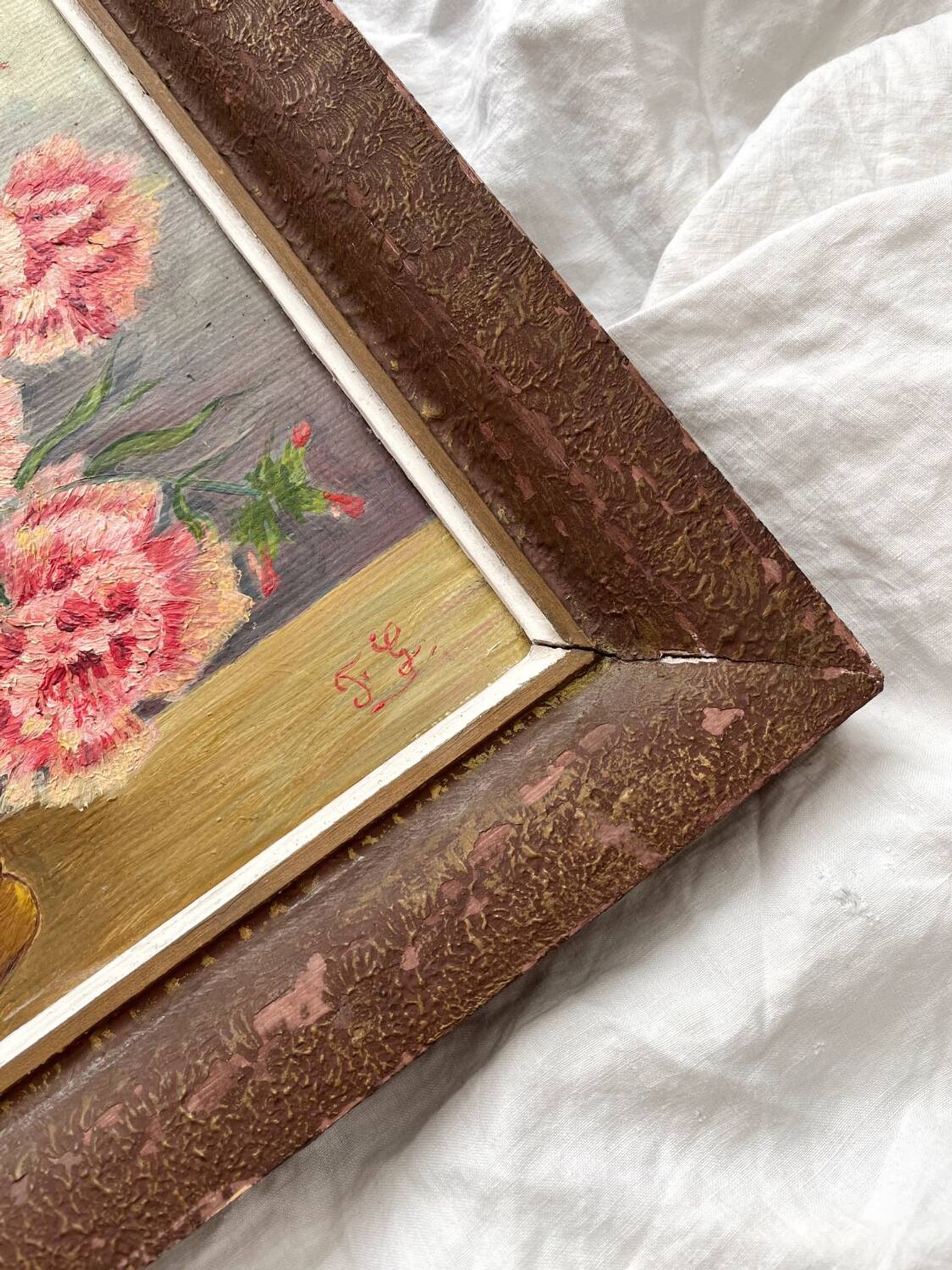 Antique oil painting on cardboard, bouquet of carnations, signed and dated 1899