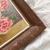 Old oil painting on cardboard bouquet of carnations signed and dated 1899