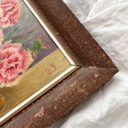 Antique oil painting on cardboard, bouquet of carnations, signed and dated 1899
