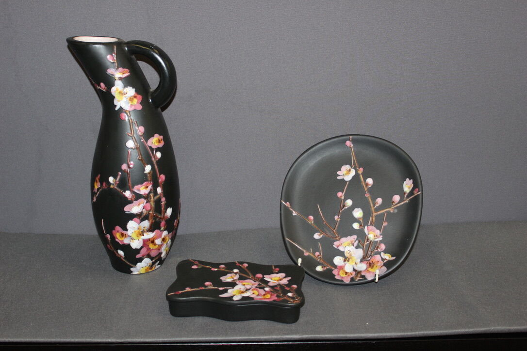 Set Of Three Ceramics By Giraud in Vallauris Apple Blossoms