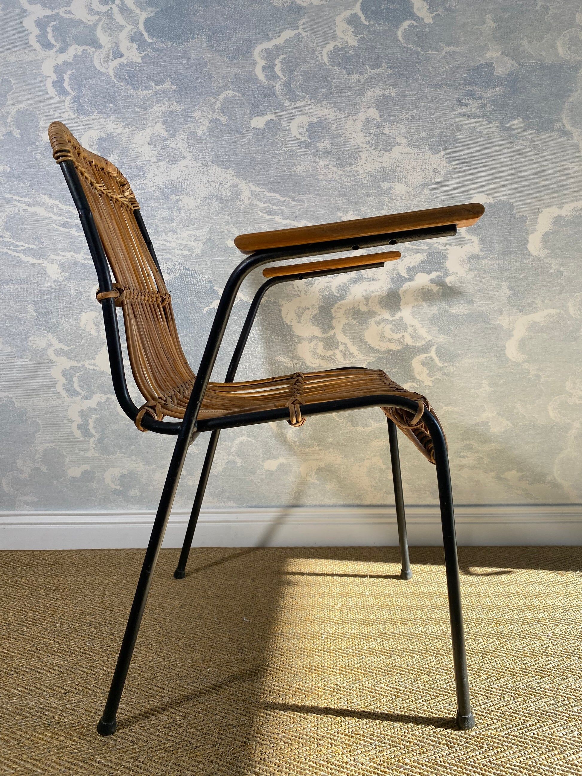 Set of 4 vintage rattan and bamboo chairs by Schumacher, Belgium 1950s.