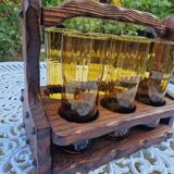 Service de 6 verres vintage ambrés avec porte-verres en bois