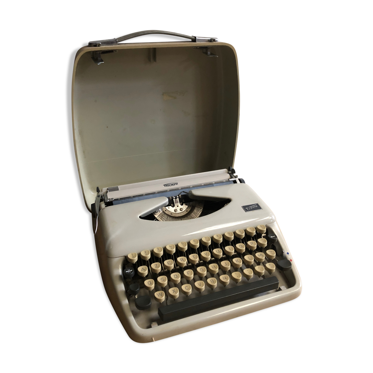 Old writing machine triumph tippa bakelite grey + vintage trunk