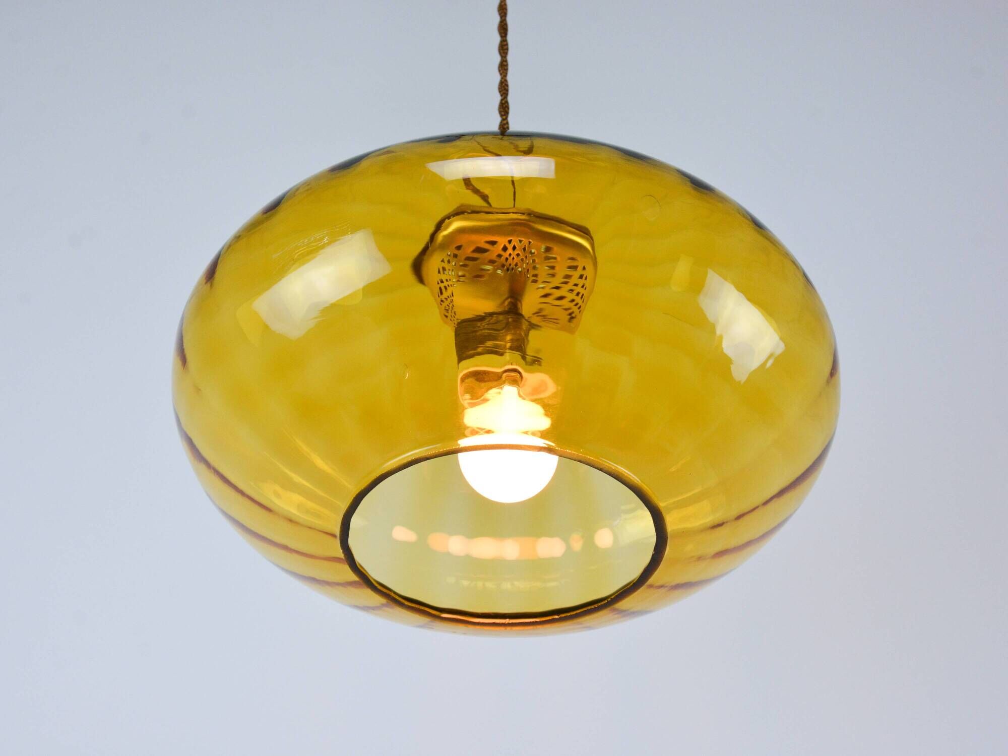 Mid-Century Brass and Amber Glass Pendant Lamp