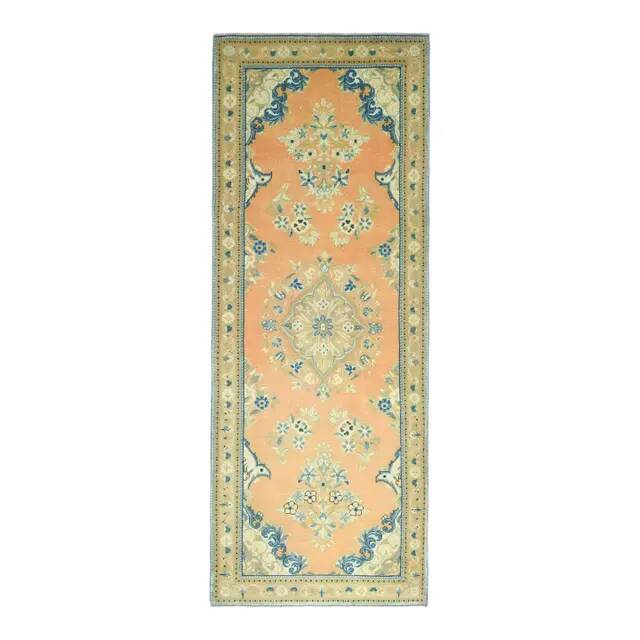 1970s Vintage Turkish Oushak Handmade Wool Cotton Orange Runner Rug 117x312