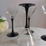 6 shiny black stemmed glasses domino collection by Luminarc, vintage 1980