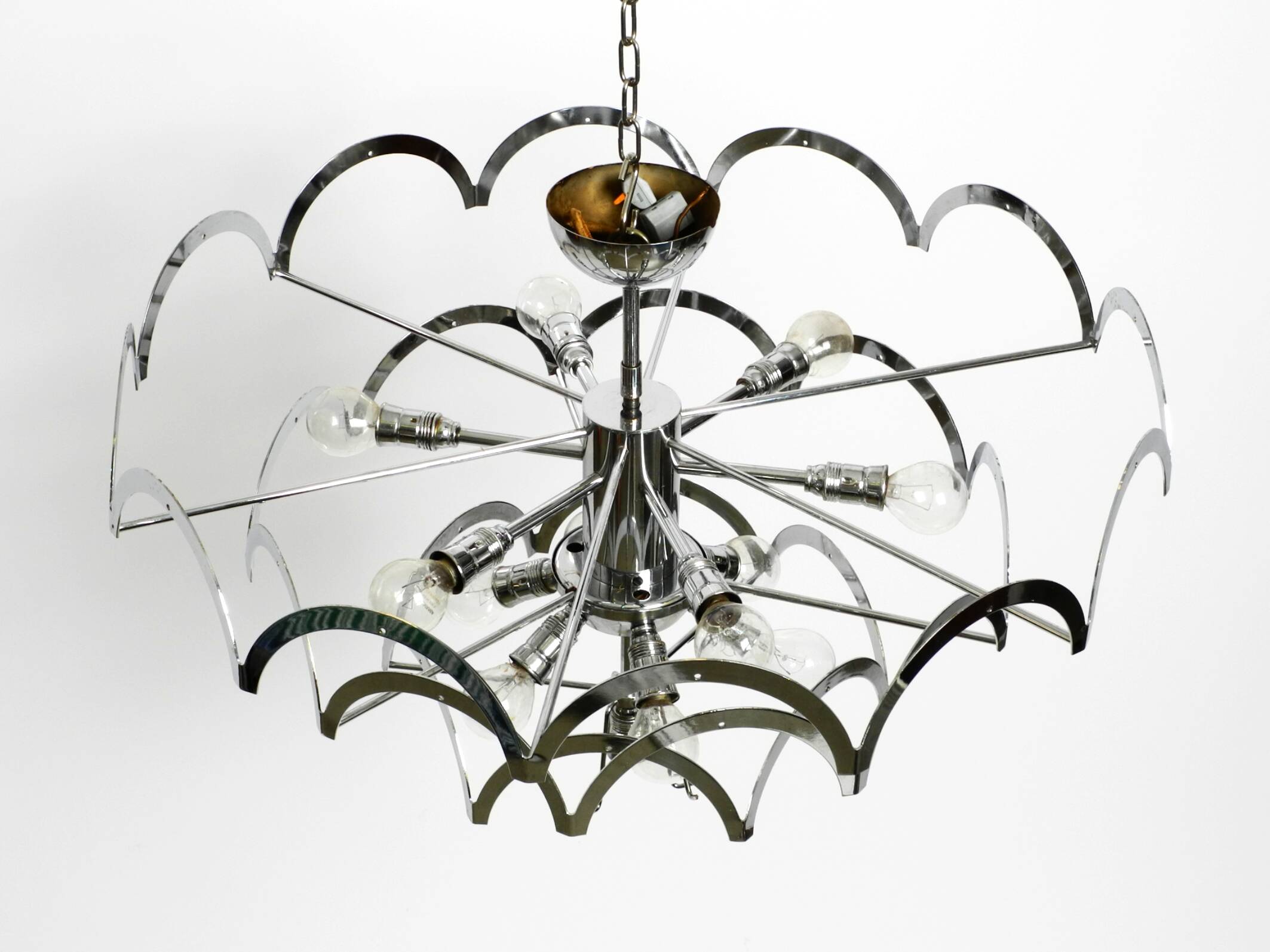 Large original 1960s large chrome metal and glass disc ceiling chandelier