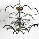 Large original 1960s large chrome metal and glass disc ceiling chandelier