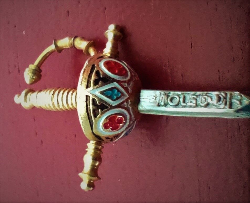 12 aperitif spades in the shape of swords on tray by Toledo Spain 70's