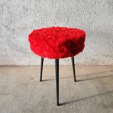 Tripod stool with vintage red moumoute seat
