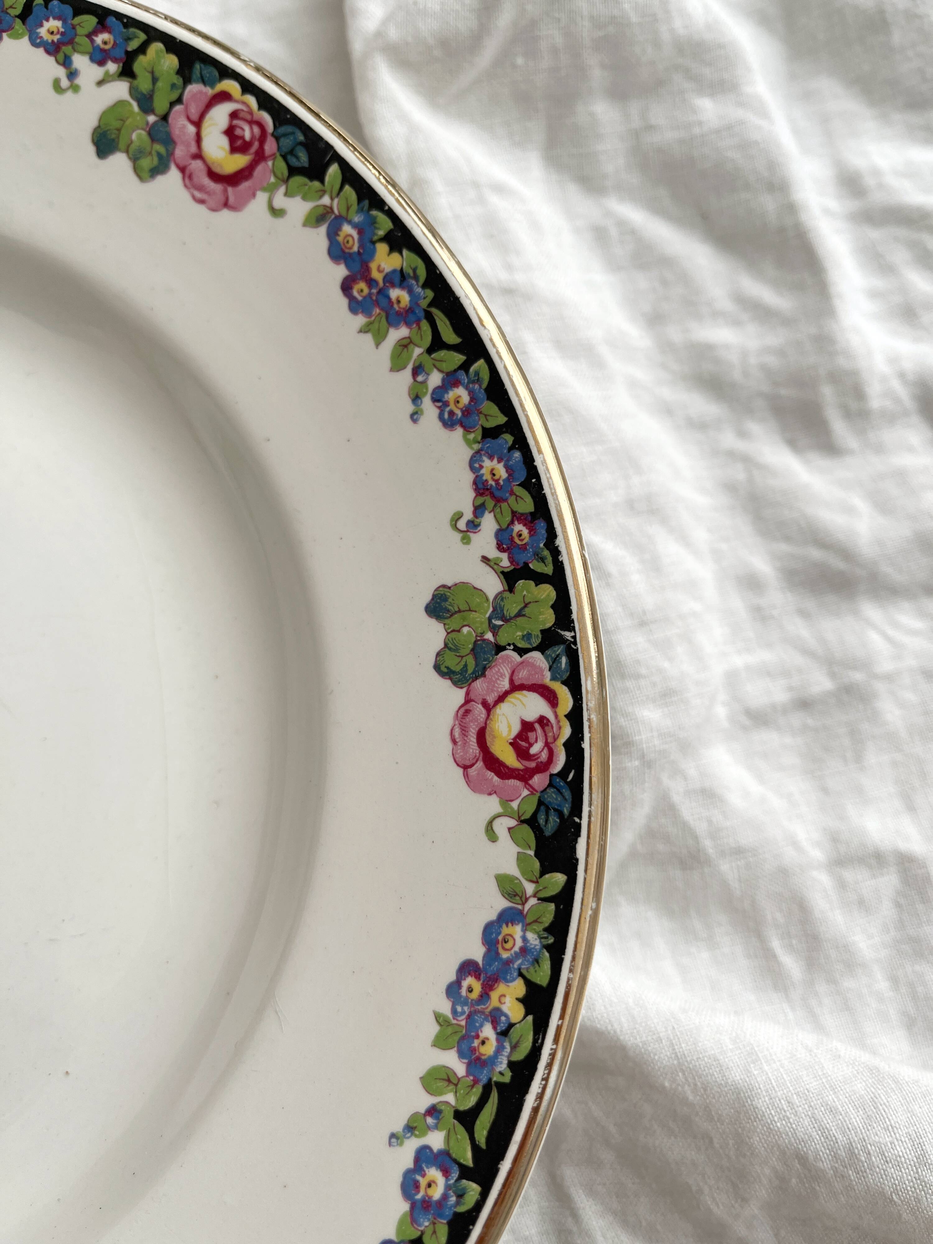 Compotier bas frise fleuries noire Digoin et Sarreguemines vintage