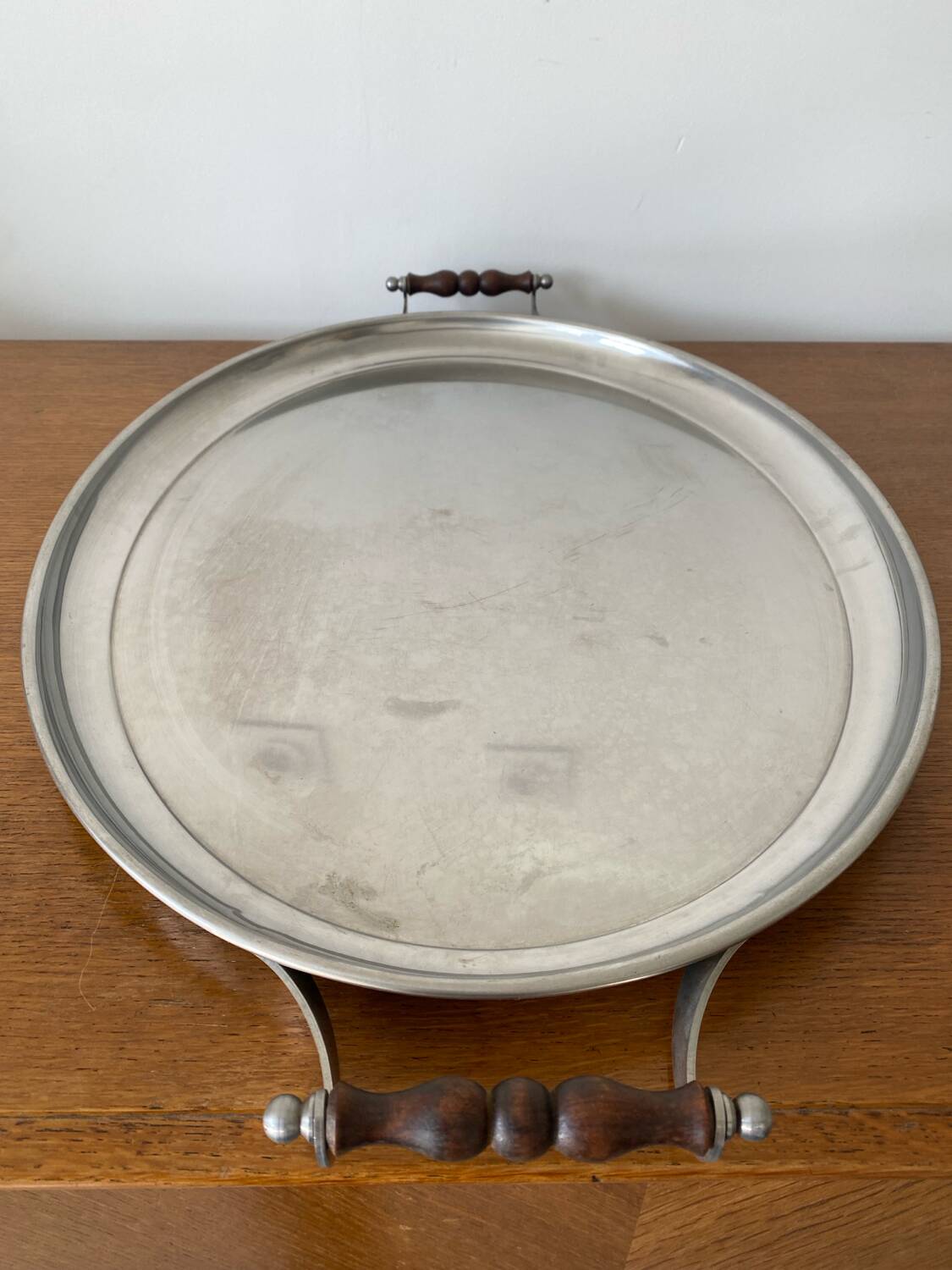 Old jean couzon serving tray stainless steel metal + vintage wooden handles #c