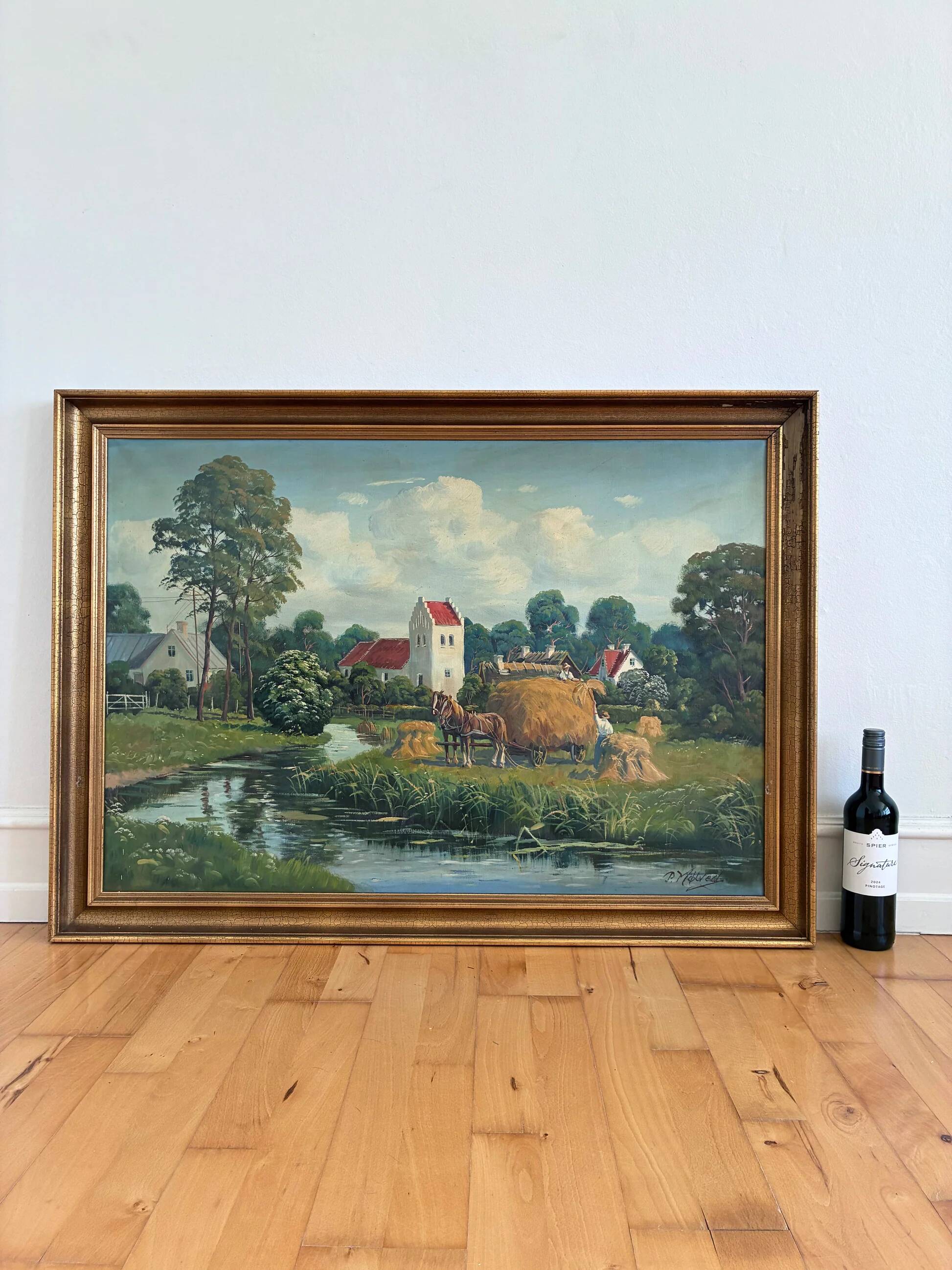Vintage original large landscape oil painting, signed countryside art