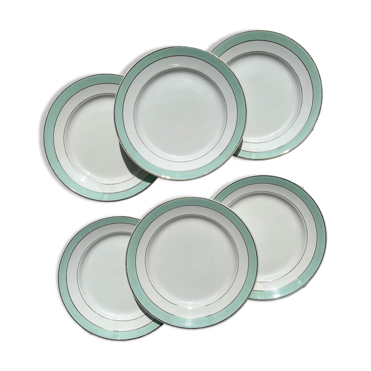 6 Badonviller flat plates in white, green and gold earthenware