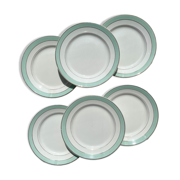 6 assiettes plates badonviller en faïence blanche verte dorée
