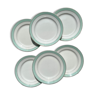 6 Badonviller flat plates in white, green and gold earthenware