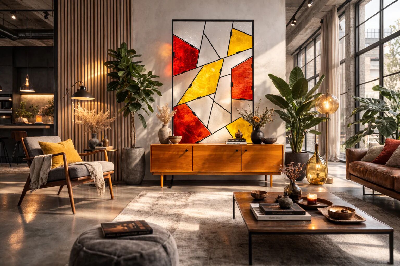 Mid-century modern geometric room divider with textured coloured glass, 1970s–1980s