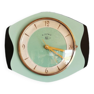 Vintage formica clock silent wall pendulum "BC Paris green black"