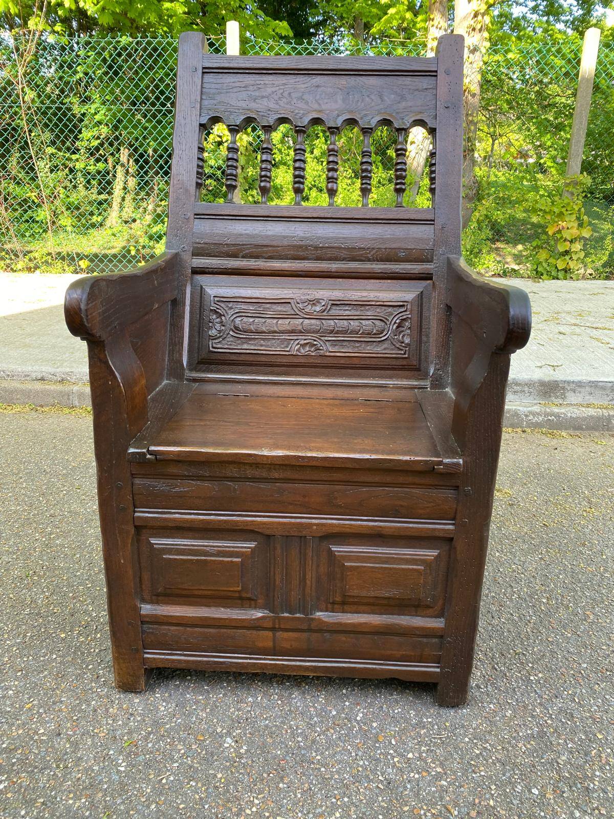19th-century solid wood cathedral armchair