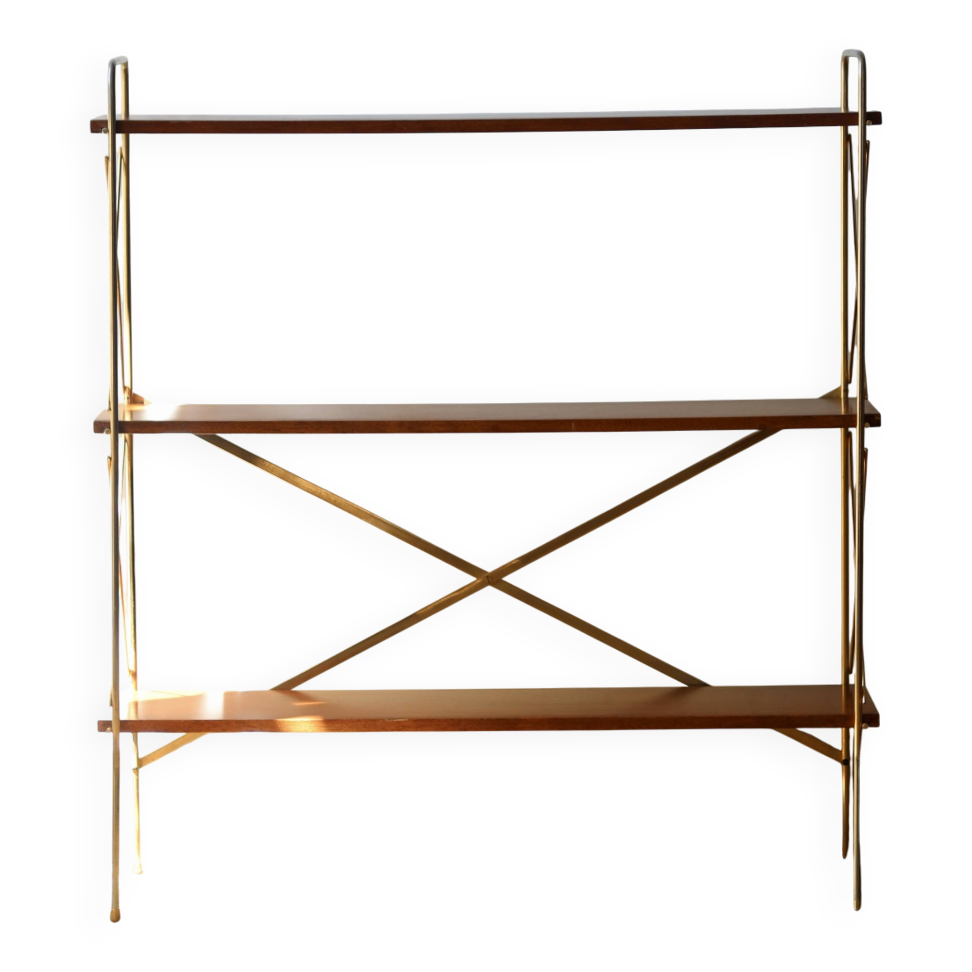 Étagère vintage 1950 en métal doré et teck