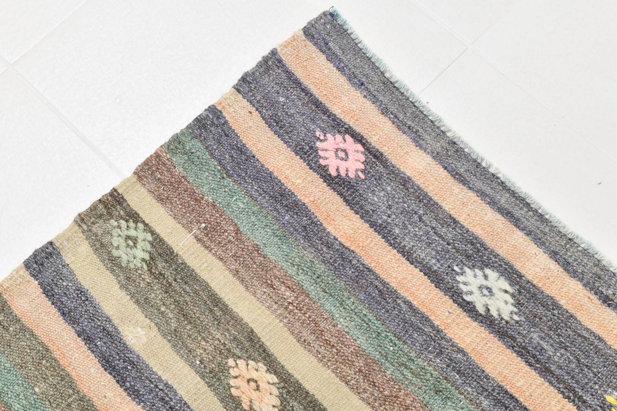 6x9 Gray & Green Striped Pattern Kilim Rug, 176x262Cm