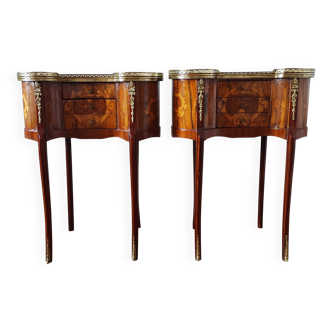 Pair of Louis XV style bedside tables in marquetry wood.