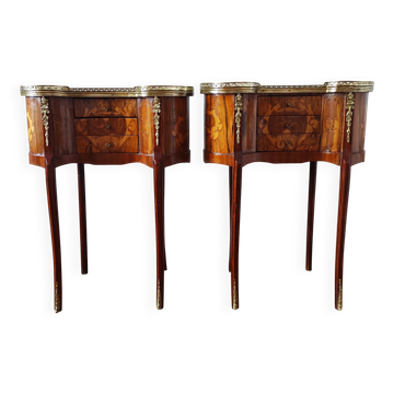 Pair of Louis XV style bedside tables in marquetry wood.