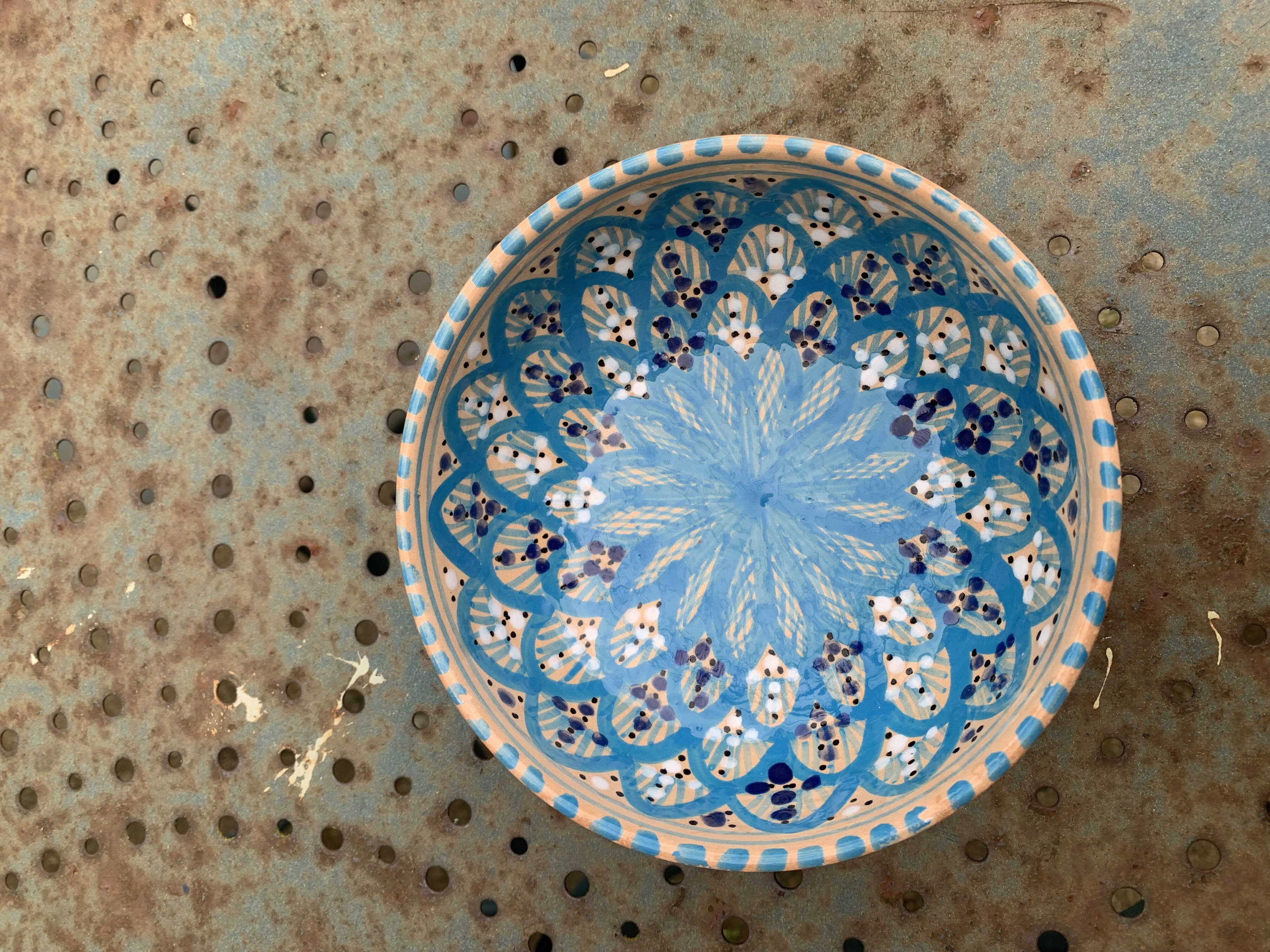 Two bowls, enameled ceramic cups, red and blue, artisanal, hand painted made in Italy