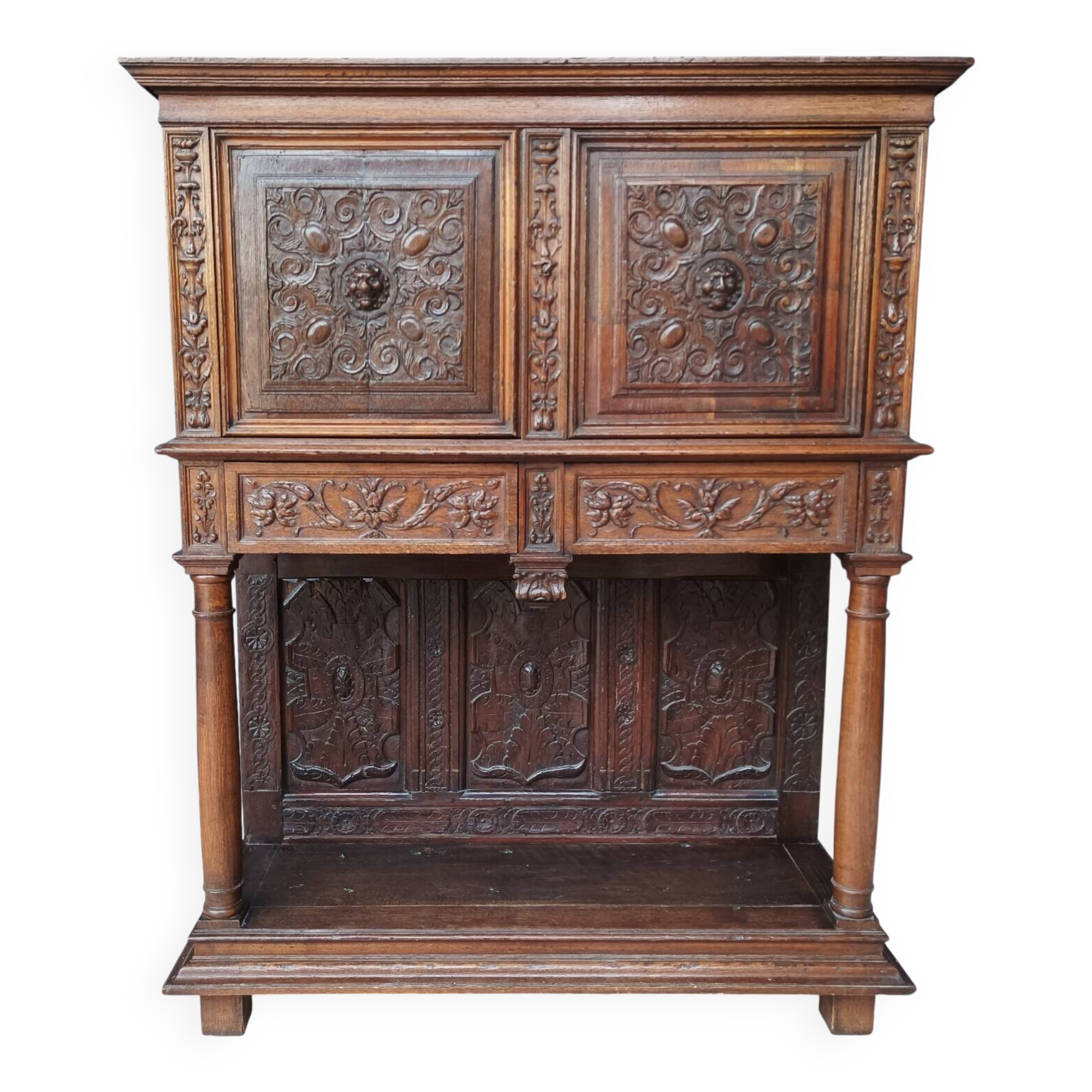 Renaissance oak carved buffet cabinet