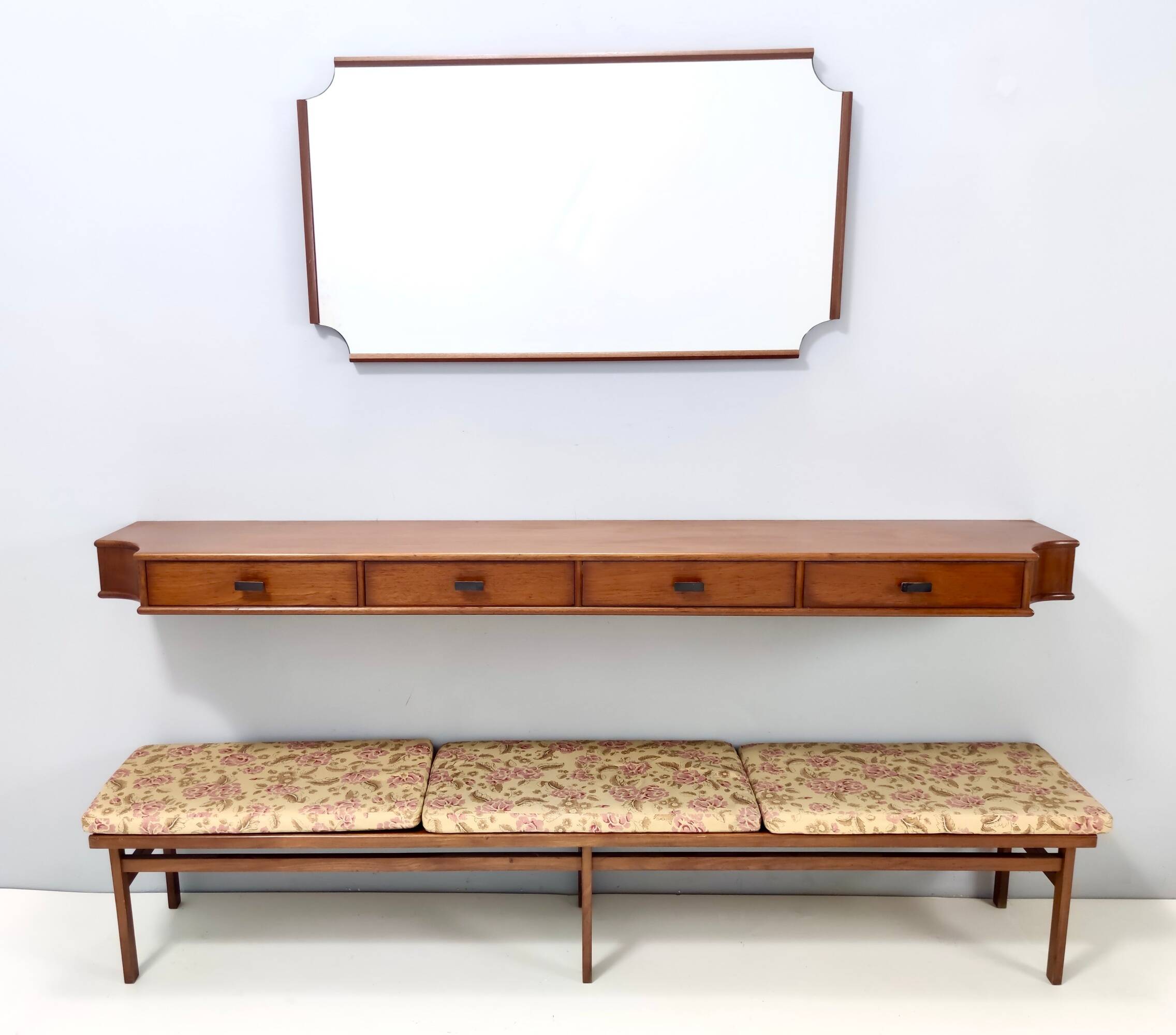 Entryway Set of Wall Mirror, Walnut Console and Bench by Brugnoli, Italy
