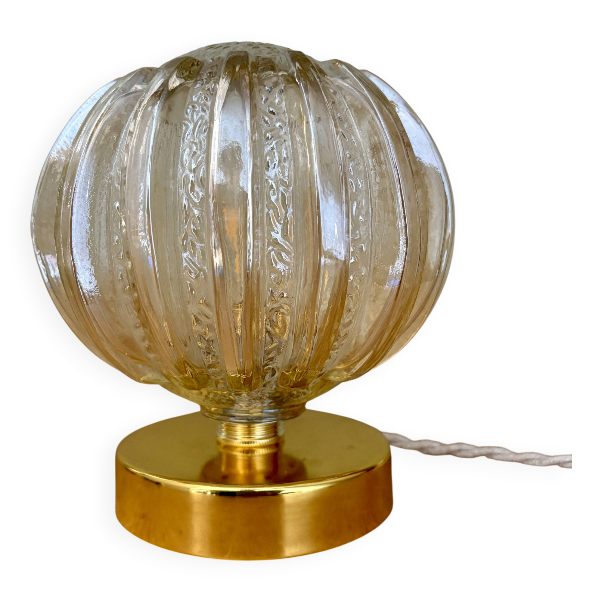 Vintage globe table lamp in half amber, half transparent molded glass