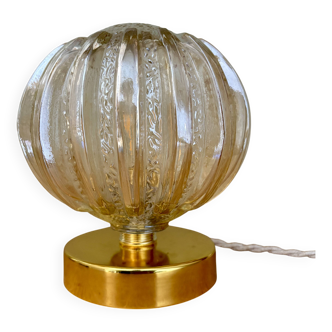 Vintage globe table lamp in half amber, half transparent molded glass