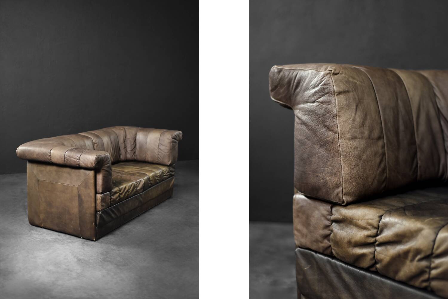 Vintage Mid-Century Modern German Brutalist 2-Seater Brown Leather Bed Sofa