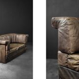 Vintage Mid-Century Modern German Brutalist 2-Seater Brown Leather Bed Sofa